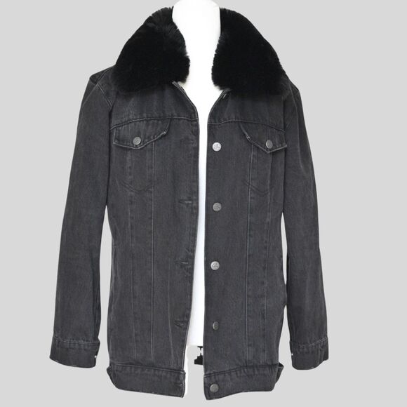 BLUE REVIVAL Women's %100 Cotton Black Denim Jacket With Fur Trim Size S - Picture 2 of 9